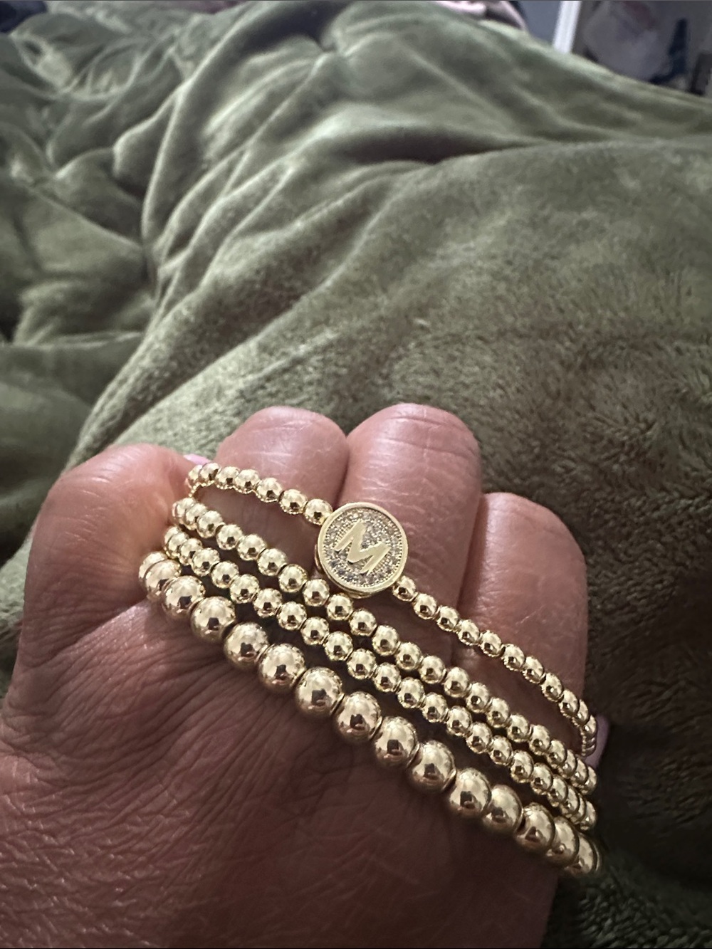 Gold Beaded Stackable Bracelet Set with M initial